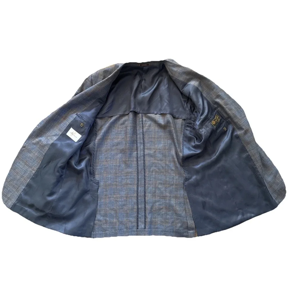 Peter Millar Sport Coat 48T Loro Piana Summer Wool Silk Linen Blue Plaid Blazer
